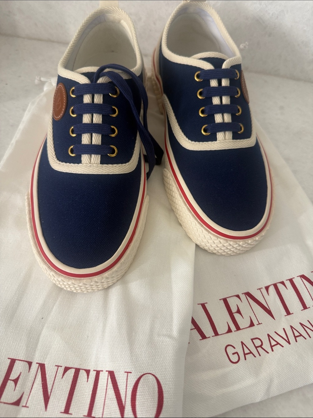 Valentino Garavani Navy Canvas Low-Top Sneakers with CreamwTrim and Red Stripe41